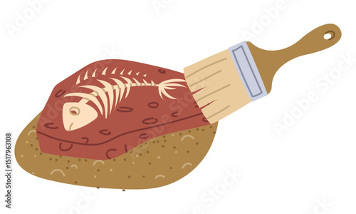 Fossils with fish bones in the sand and an archaeologist's brush. Study of the find. a paleontological find. for the design of books and posters on paleontology, the history of plants and animals