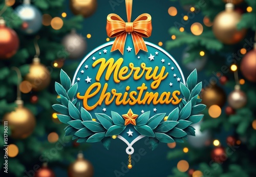 Teal Christmas Ornament with Gold Lettering and Leaf Wreath