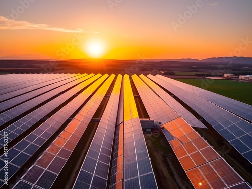 Vista aérea de una granja solar al atardecer, promoviendo energía limpia, sostenibilidad e innovación verde.
Palabras clave usadas
