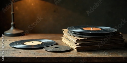 A stack of vintage vinyl records rests on a rustic wooden surface, illuminated by a warm lamplight, creating a nostalgic atmosphere of musical history