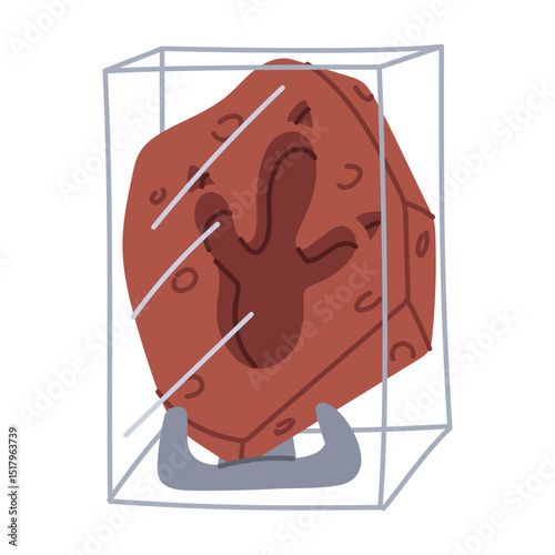 Fossils with tyrannosaurus footprint on stand, under glass as museum exhibit. Silhouette of dinosaur in stone. Flat color illustration. For scientific projects, encyclopedias, museum exhibitions