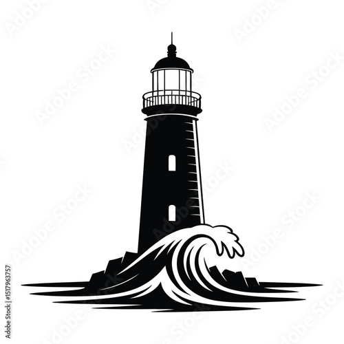Lighthouse Waves Crash Silhouette, Vector, Illustration, Icon, Logo, White Background.