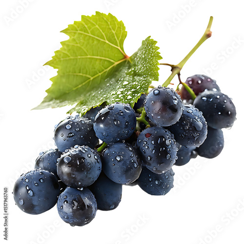 Ripe Dark Blue Grapes with Water Droplets and Green Leaf on White Background.png