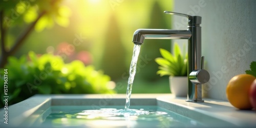 Refreshing Water Flowing from Modern Faucet into a Basin Outdoors in Sunlight