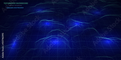 Abstract topographic map on dark background. Lines contour map. Wavy lines geo backdrop. Geography concept 3D.