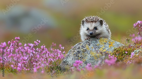 Tiny hedgehog on rock, surrounded by flowers photo