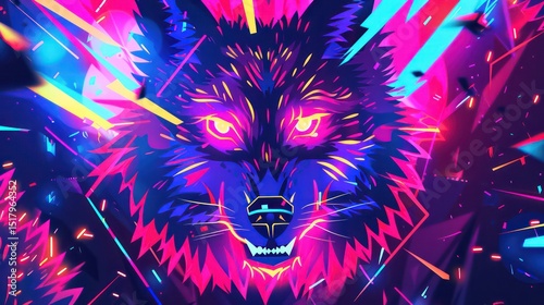 Neon wolf with glowing eyes and radiant geometric patterns in bold pop art style.