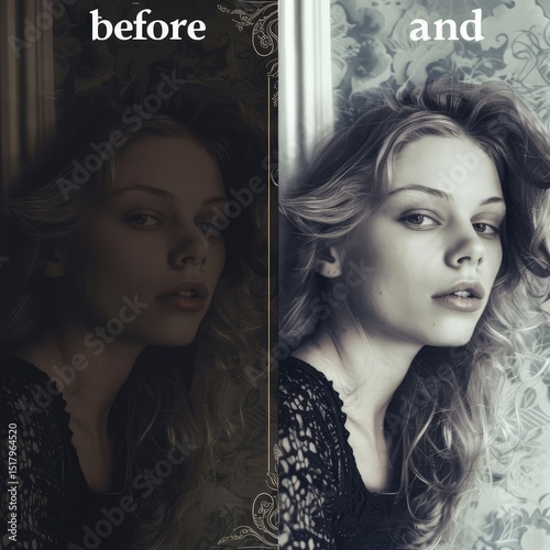 Artistic collage showcasing dramatic before and after photo filters effects, highlighting transformation and creativity in digital art. AI generated illustration.
