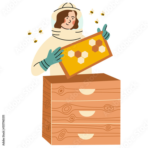 Woman beekeeping in a protective suit, holding a honeycomb frame. Flat style illustration of a female beekeeper caring for bees. Concept of sustainable agriculture, eco lifestyle, and nature care.