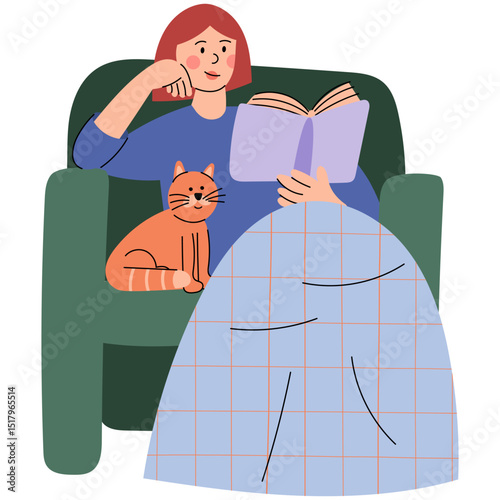 Woman sitting in a chair with a cat, wrapped in a blanket and reading a book.  Flat vector illustration representing comfort, leisure, and quiet time indoors. 