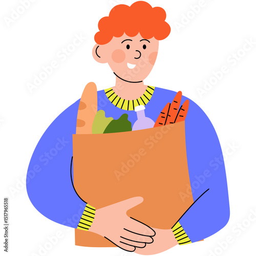 Man holding grocery bag full of food.  Man carrying a paper grocery bag filled with vegetables, bread  and a drink, symbolizing shopping or healthy eating. 