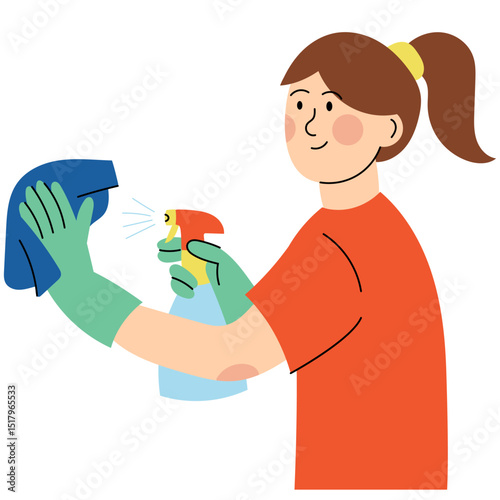 Woman cleaning with spray bottle and cloth. Woman wearing gloves while holding a spray bottle and wiping with a cloth, representing household cleaning activity. 