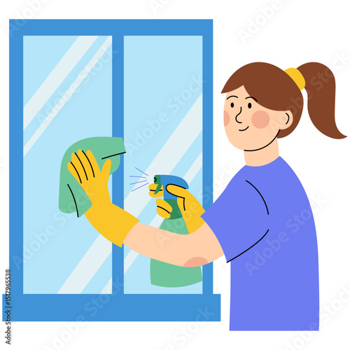 Woman cleaning window with spray and cloth. Smiling woman wearing rubber gloves while cleaning a window using a spray bottle and green cloth, representing household chores.  