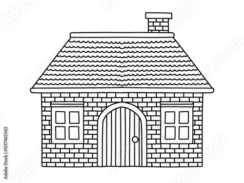 Hand drawn cozy cottage vector. Black and white house Illustration. Simple brick house line art. Perfect for decorations, cards, logo, various designs