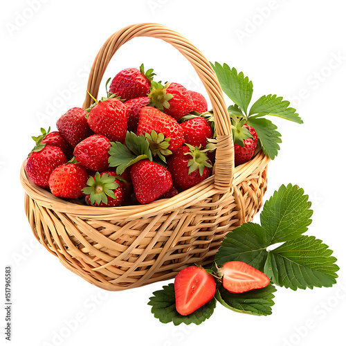 Wicker Basket Overflowing with Bright Red Strawberries and Green Leaves on White Background.png