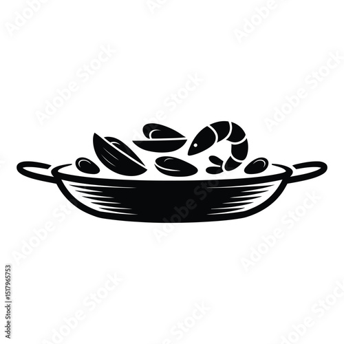 Seafood paella Pan Outline Silhouette, Vector, Illustration, Icon, Logo, White Background.