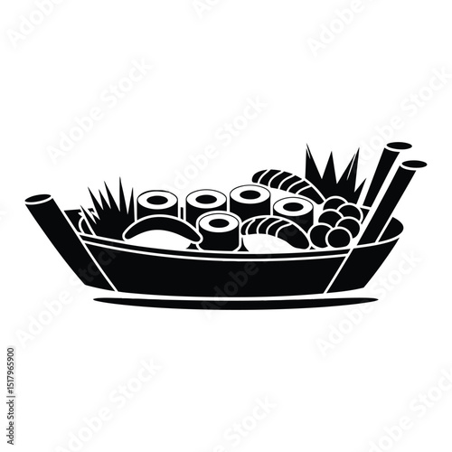 Sushi Boat Platter Layout Silhouette, Vector, Illustration, Icon, Logo, White Background.