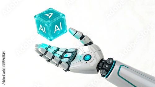 Futuristic Robotic Hand Holding Floating AI Cube Symbolizing Artificial Intelligence, Innovation, and Advanced Technology
