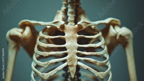 Human skeleton chest bones. Rib cage, spine. Skeletal system anatomy, body structure, medical education concept. High quality photo 