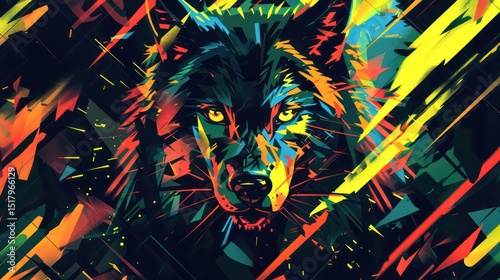 Neon wolf with glowing eyes and fur, framed by bold geometric patterns on dark canvas.
