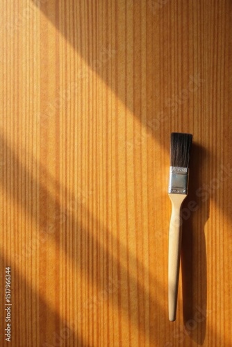 A small paintbrush rests on a light brown wooden surface, bathed in sunlight creating a striking contrast and texture