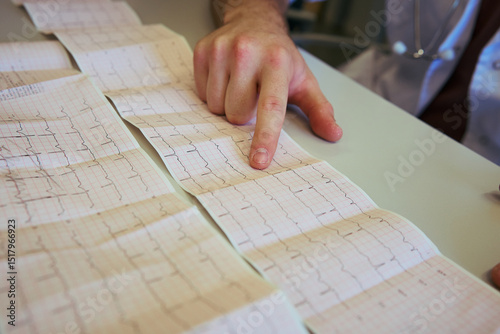 Doctor analyzing electrocardiogram printout in hospital setting