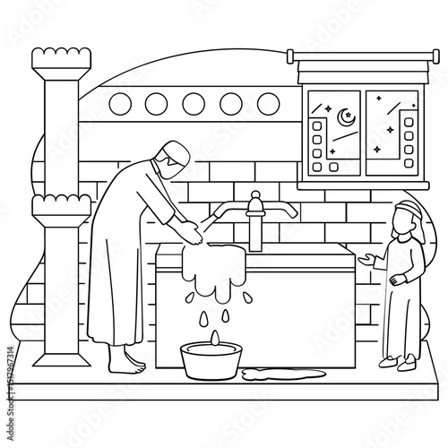 Arabic Boy performing ablution concept, Person Preparing himself for prayer wadu vector design, Eid al-Adha sketch, Eid-al-Kabir Hajj drawing, Traditional Arabic Muslims Festival stock illustration
