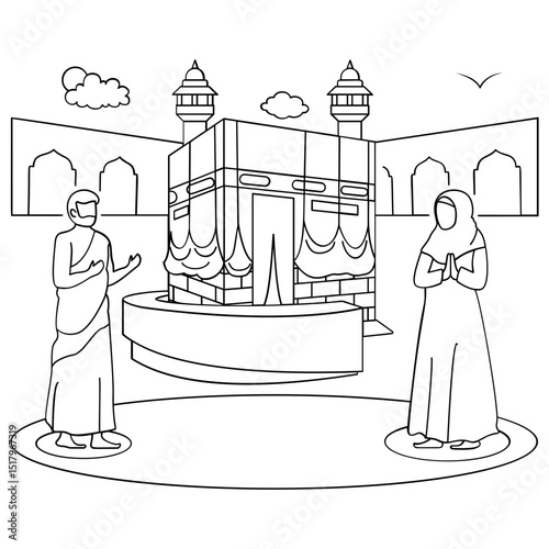Muslim Family performing Tawaf at Holy Mecca concept, pilgrims raise hands front of Kaaba vector design, Eid al-Adha sketch, Eid-al-Kabir Hajj drawing, Traditional Arabic Muslims Festival illustration
