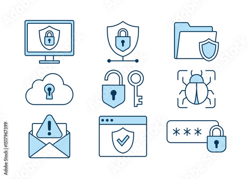 Vector icon collection representing cyber security concepts such as firewall, password, encryption, malware, phishing, data protection, cloud security, and network safety in modern line style.