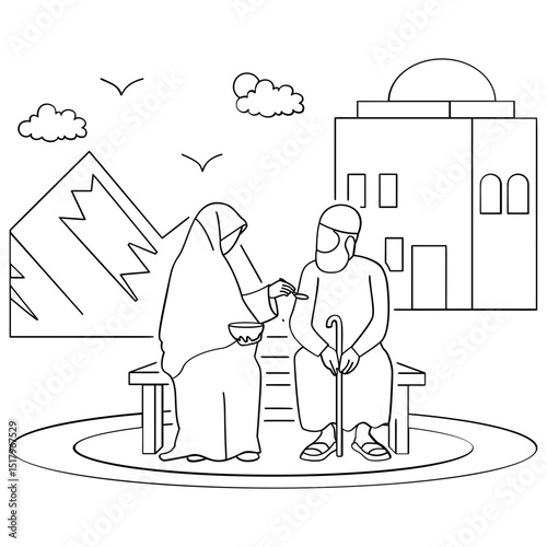 elderly couple sharing meal together outdoor concept, Moment of Compassion Serving with heart vector design, Eid al-Adha sketch Eid-al-Kabir Hajj banner Traditional Arabic Muslim Festival illustration