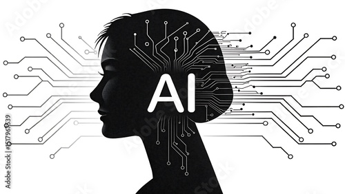 Artificial Intelligence Concept with Woman Silhouette and Circuit Brain Symbolizing Technology and Machine Learning
