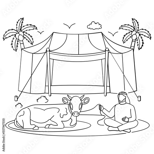 Farmer Taking care the Bull in village concept, Ready for the Blessed Days of Dhul Hijjah vector design, Eid al-Adha scene Eid-al-Kabir Hajj banner Traditional Arabic Muslim Festival illustration