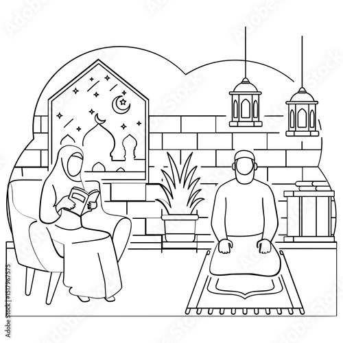 Husband wife Busy Late night Worship concept, Ramadan Nights Prayer, Peace, and the Quran vector design, Eid al-Adha sketch, Eid-al-Kabir Hajj drawing, Traditional Arabic Muslims Festival illustration