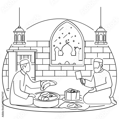 People are busy meat preparation concept, Person distributing pieces of meat into container vector design, Eid al-Adha sketch Eid-al-Kabir Hajj drawing Traditional Arabic Muslims Festival illustration