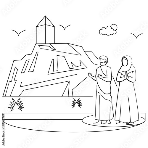 pilgrims gather on 9th day of Dhul-Hijjah to perform Wuquf concept, Couple Unite at Mount Arafat vector design, Eid al-Adha sketch, Eid-al-Kabir Hajj drawing, Traditional Muslims Festival illustration