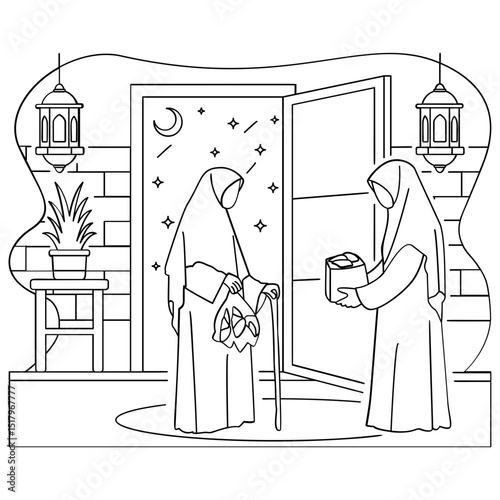 Sharing Qurbani meat with neighbors concept, Two womens Exchanging lahm al adhiyah vector design, Eid al-Adha sketch, Eid-al-Kabir Hajj drawing, Traditional Arabic Muslims Festival stock illustration