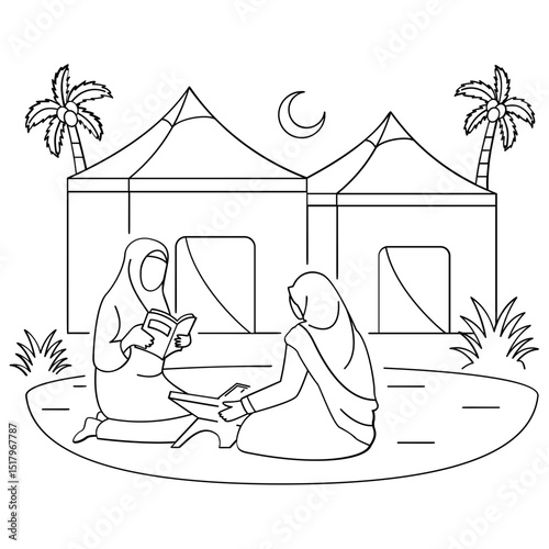female pilgrimage reciting Quran at Mina concept, Women doing Study at Desert Oasis Ambience vector design, Eid al-Adha sketch, Eid-al-Kabir Hajj drawing, Traditional Arab Muslim Festival illustration
