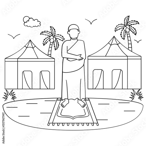 Pilgrim offering salah at Mina Plain concept, Person is Standing on Prayer Rug at Tent City vector design, Eid al-Adha sketch Eid-al-Kabir Hajj drawing, Traditional Arabic Muslim Festival illustration