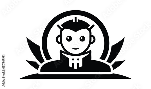 Black and White of Cartoonish Vampire Character with a Circular and Spiked Background