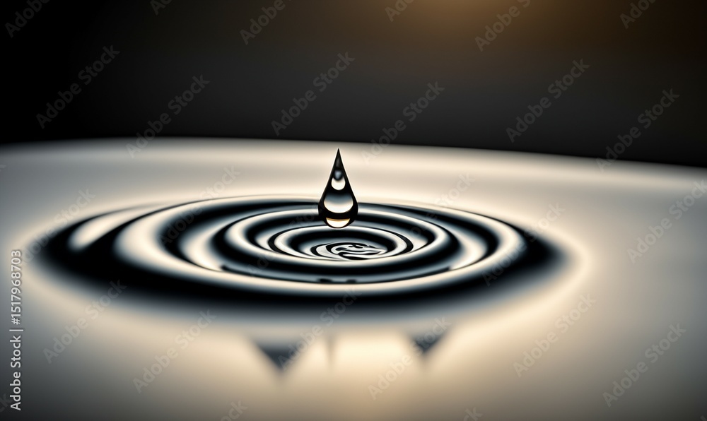 Glossy water droplet suspended above smooth concentric ripples on a gradient surface, captured in a minimalist style with soft lighting and artistic contrast. Glossy water droplet suspended above smooth concentric ripples on a gradient surface, captured in a minimalist style with soft lighting and artistic contrast.