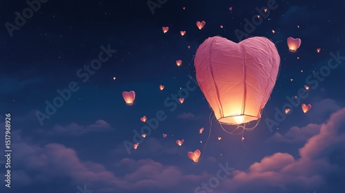Romantic Heart-Shaped Sky Lanterns Ascending into the Night Sky