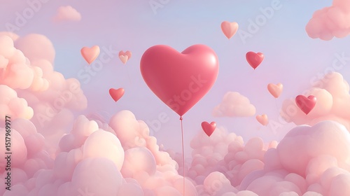 A Serene Landscape of Heart-Shaped Balloons Floating Amidst Fluffy Pink Clouds (68 Characters)