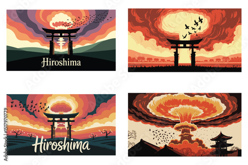 Hiroshima atomic bomb illustration series featuring japanese torii gate and mushroom cloud effects