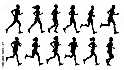 set of running people silhouette vector on tranparent background.