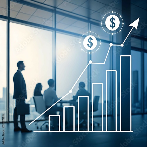 Illustration of startup funding growth with 3D bar graphs, dollar signs, and financial charts set against a blurred modern office background, symbolizing capital increase and investment success in bus