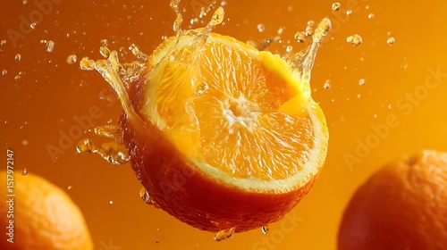 Vibrant Slice of Orange Fruit Surrounded by Refreshing Splash on a Yellow Background