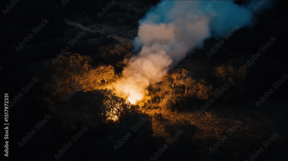 Obraz premium Smoke rising from a forest fire at night, illuminating the surrounding trees with an orange glow, creating a dramatic and intense atmosphere of nature's power and destruction