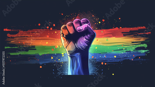 raised fist with fingers clenched, colored in the six stripes of the LGBTQ+ pride flag