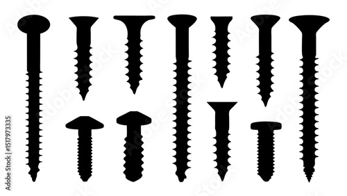 Set of black various screws vector silhouette