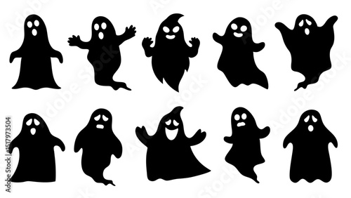 set of halloween ghosts silhouette vector on tranparent background